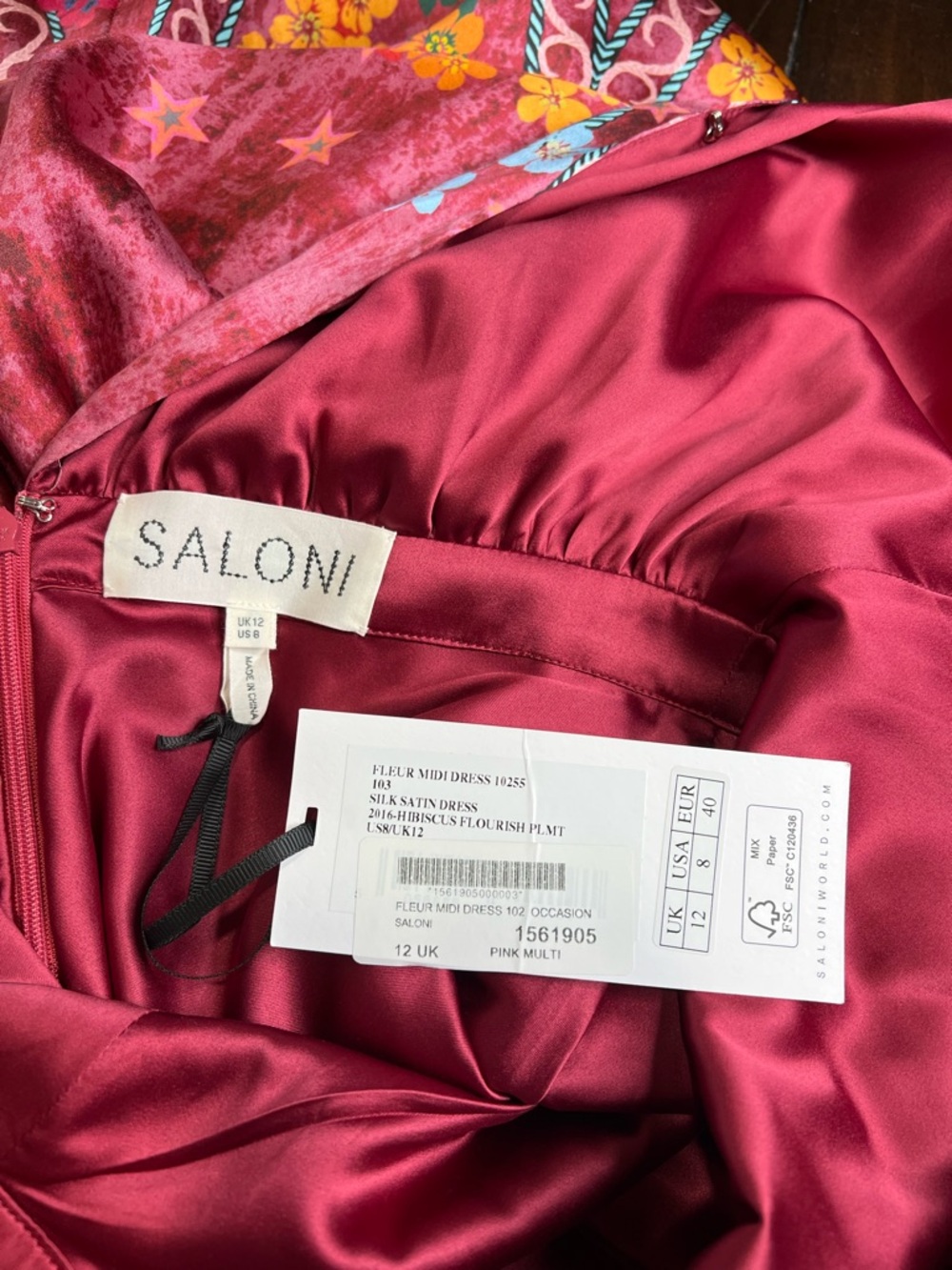 NWT Saloni Fleur Printed Silk-Crepe Midi Dress in the "Hibiscus Flourish". - Picture 12 of 14